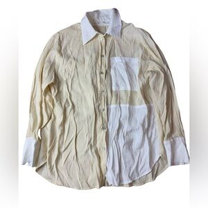 Mango MNG Patchwork Modal Blend Button Up Shirt Cream & White- Size Small/Medium